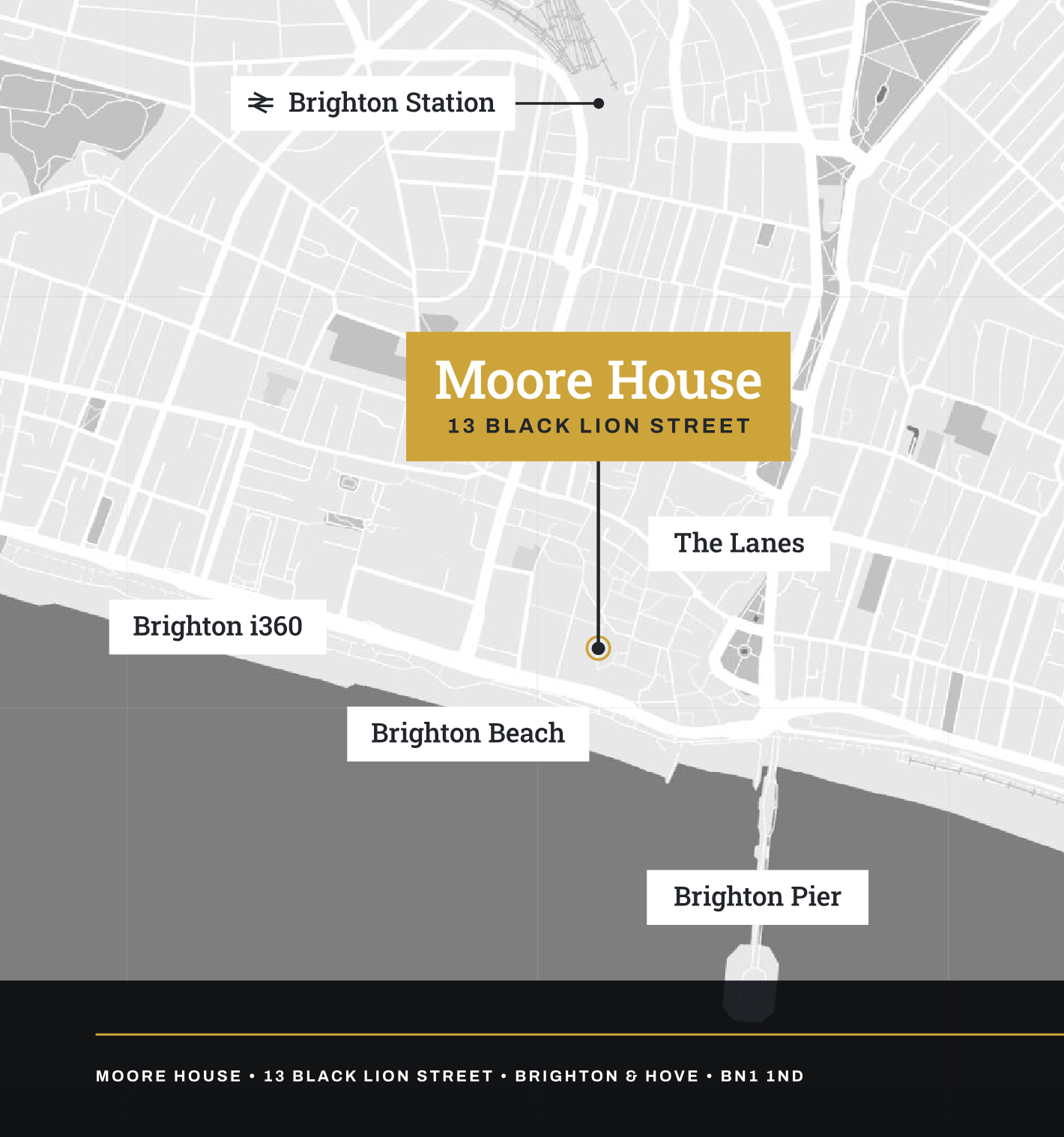 Map of central Brighton showing Moore House at 13 Black Lion Street, with Brighton Station, The Lanes, Brighton i360, the beach and pier